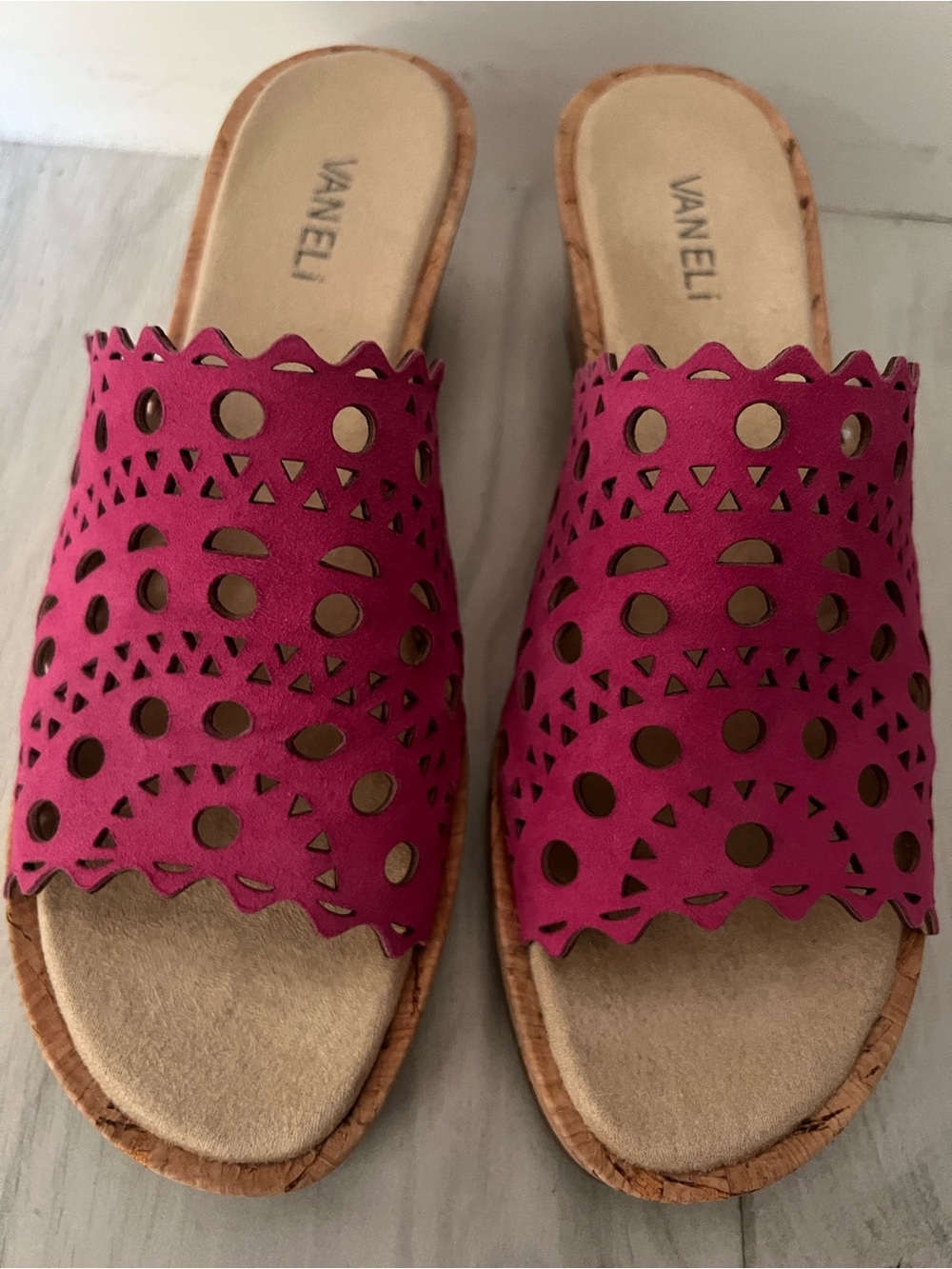 Vaneli Fuchsia Laser-Cut Slide wedge sandals - Picture 2 of 5